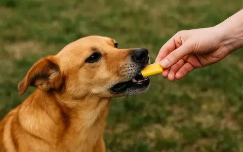 Czy pies może jeść żółty ser? Ten brązowy piesek z pewnością chętnie go spróbuje, gdy człowiek podaje mu kawałek.