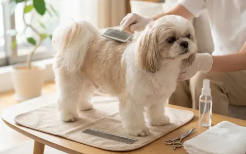 Uroczy shih tzu amerykański czesany przez opiekuna. Na stole leżą grzebień, nożyczki i ręcznik.
