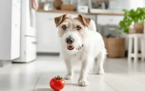 Biały piesek z brązowymi uszami stoi obok czerwonego pomidora w kuchni.