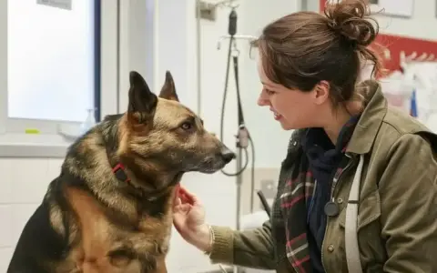 Uśmiechnięta kobieta głaszcze owczarka niemieckiego. Pies wygląda na spokojnego, a kobieta na troskliwą.