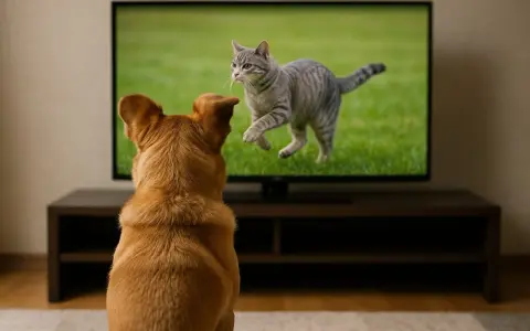 Rudy pies z uwagą obserwuje na ekranie telewizora uciekającego kota. Tak właśnie widzi pies telewizor, gdy na ekranie pojawia się jego ulubiony przeciwnik.