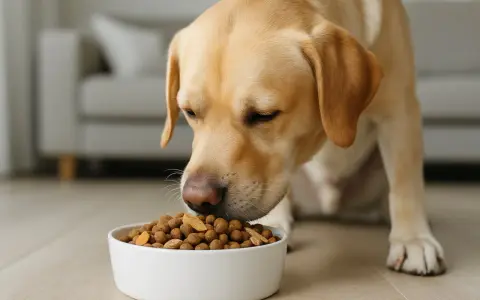 Złoty labrador z apetytem zjada karmę. Dbałość o dietę pomaga zapobiegać labrador choroby.