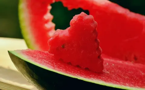 Kawałek arbuza, jakby ugryziony przez psa. Czy pies może arbuza? Tak, w małych ilościach.