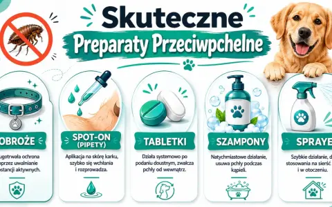 Grafika przedstawia metody zwalczania pcheł u psa: obroże, spot-on, tabletki, szampony i spraye.