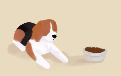 Piesek beagle leży obok miski z karmą, ale wyraźnie widać, że pies nie chce jeść suchej karmy.