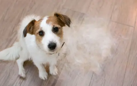 Jack Russell terrier siedzi na drewnianej podłodze, wokół niego widać sporo sierści – to znak, że trwa intensywne linienie psa.