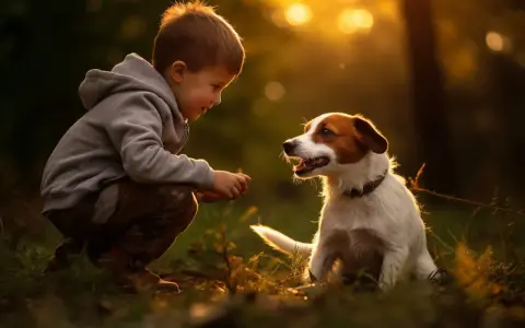 Chłopiec i jack russell terrier w złotym świetle zachodzącego słońca. Ich spojrzenia się krzyżują, tworząc magiczną więź między dziećmi a ich czworonożnymi przyjaciółmi.