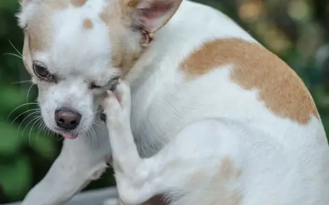 Chihuahua z ektropium u psa, która drapie się łapą po oku.
