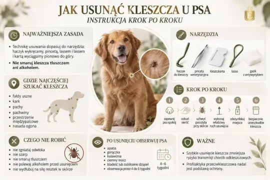 Jak wyciągnąć psu kleszcza: instrukcja krok po kroku. Użyj haczyka lub pęsety, uchwyć kleszcza przy skórze i wykonaj właściwy ruch. Obserwuj psa po usunięciu.