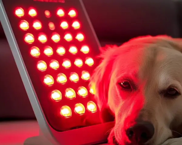 Złoty retriever odpoczywa przy czerwonym świetle. Czy zostawiać psu zapalone światło? To pytanie nurtuje wielu właścicieli.