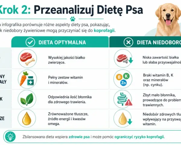 Infografika pokazuje, dlaczego pies je kupy: niedobory białka, witamin, błonnika i tłuszczu w diecie mogą prowadzić do koprofagii.