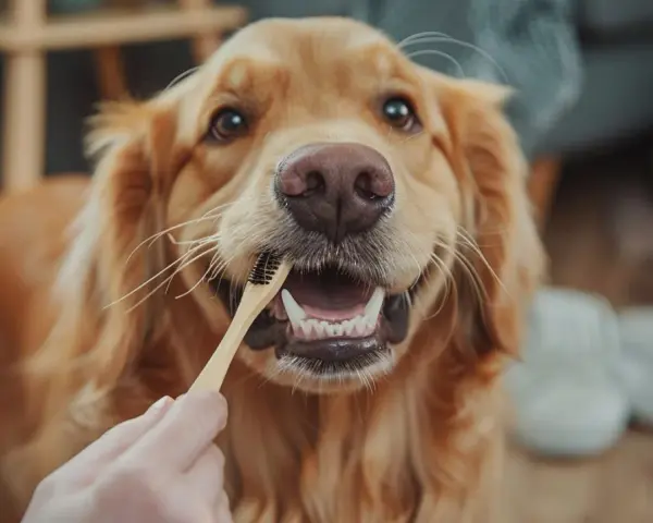 Złoty retriever z uśmiechem na pysku, któremu ktoś szczotkuje zęby. Uważaj, bo może się okazać, że dentastix szkodzi.