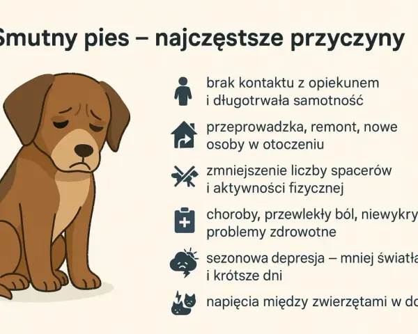 Smutny pies skomli z wielu powodów: samotność, zmiany w domu, brak ruchu, ból, a nawet depresja.