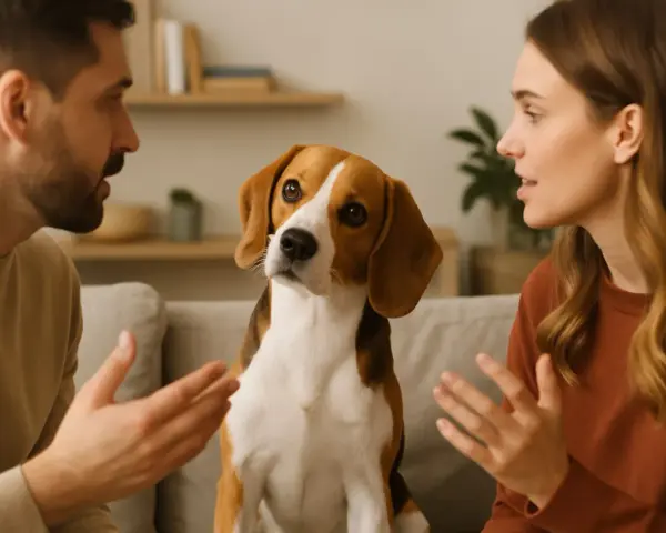 Beagle siedzi między parą, która dyskutuje. Czy pies rozumie ludzką mowę? Jego spojrzenie sugeruje, że tak.