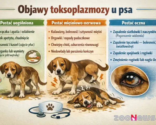 Ilustracja przedstawia objawy toksoplazmozy u psa: gorączkę, brak apetytu, duszności, biegunki, drgawki, problemy z chodzeniem i oczami.