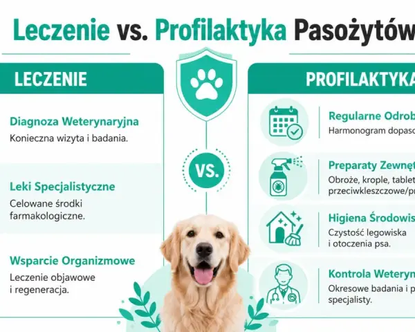 Grafika porównuje leczenie i profilaktykę przeciwpasożytniczą u psów. Pokazuje, że robaki u psa wymagają diagnozy i leków, podczas gdy profilaktyka to regularne odrobaczanie i dbanie o higienę.