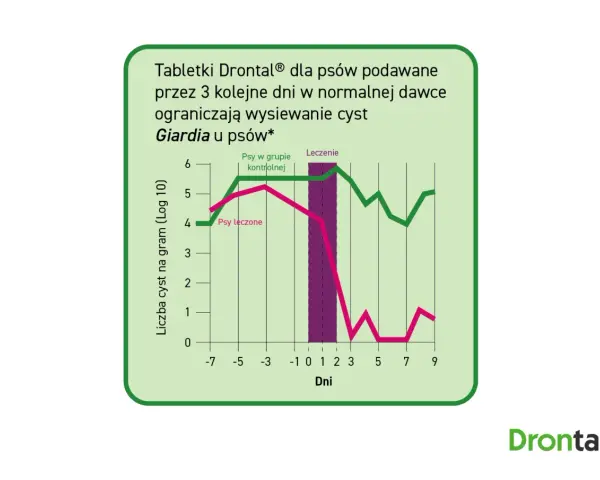Wykres porównujący liczbę cyst Giardia u psów leczonych i kontrolnych. Leczenie Drontalem znacząco ogranicza wysiew cyst.