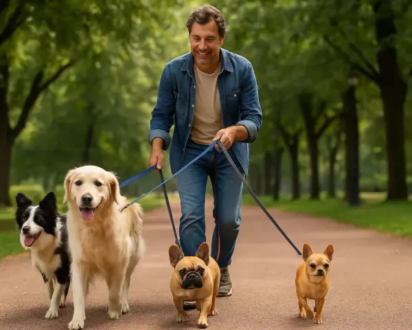Uśmiechnięty mężczyzna spaceruje po parku z czwórką bardzo dziwnych psów: border collie, golden retrieverem, buldogiem francuskim i chihuahuą.