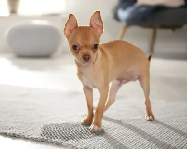 Mały, rudy szczeniak chihuahua stoi na dywaniku. Wygląda, jakby miał zaraz coś zrobić, może nawet szczeniak sika co 10 minut.