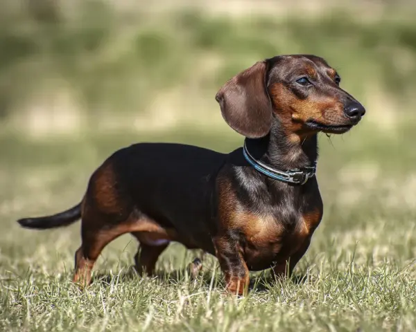 Jamnik z labradorem, pies rasy jamnik, stoi na trawie, z uszami opuszczonymi i wpatrzony w dal.