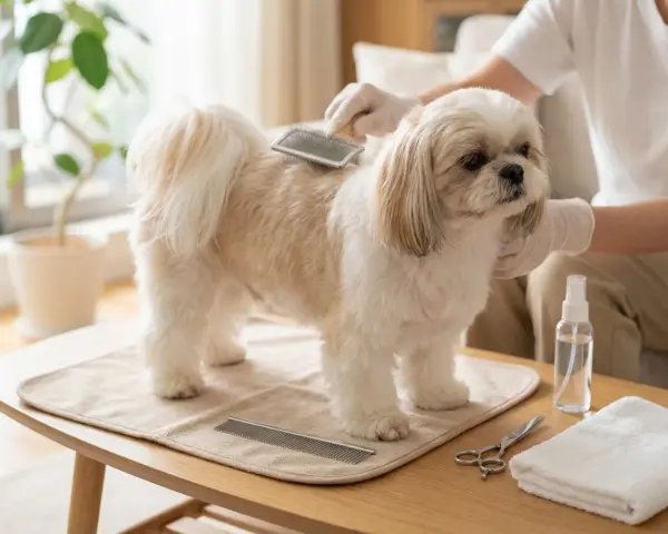 Uroczy shih tzu amerykański czesany przez opiekuna. Na stole leżą grzebień, nożyczki i ręcznik.