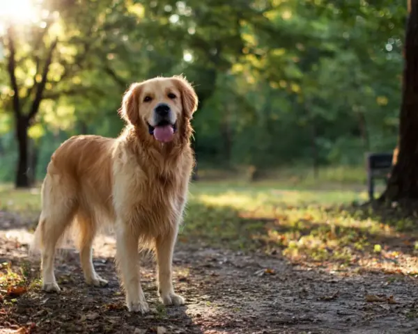 Szczęśliwy golden retriever stoi w parku, ciesząc się słońcem.