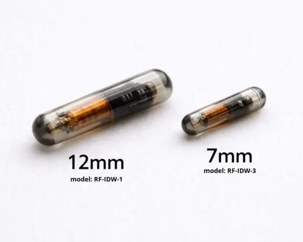 Dwa chipy dla psa: większy 12mm i mniejszy 7mm, oba w szklanej kapsułce z widocznym miedzianym uzwojeniem.