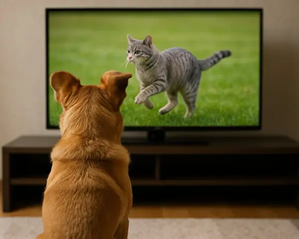 Rudy pies z uwagą obserwuje na ekranie telewizora uciekającego kota. Tak właśnie widzi pies telewizor, gdy na ekranie pojawia się jego ulubiony przeciwnik.