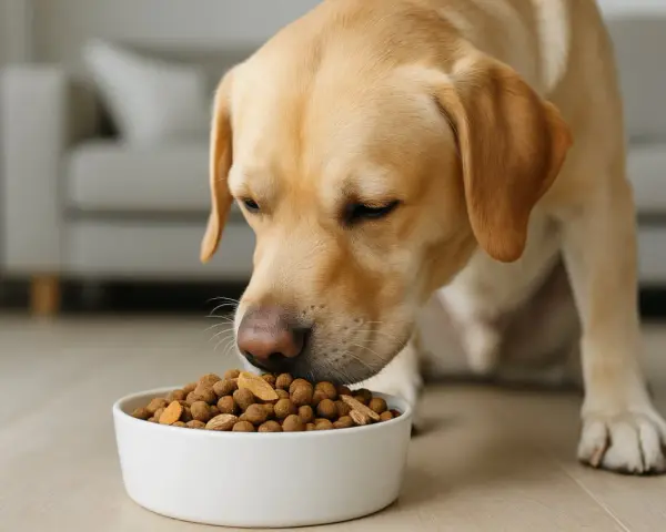 Złoty labrador z apetytem zjada karmę. Dbałość o dietę pomaga zapobiegać labrador choroby.