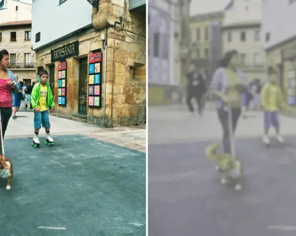 Jak widzi pies: rozmyte postacie na ulicy, kobieta z psem na smyczy, chłopiec na rolkach.