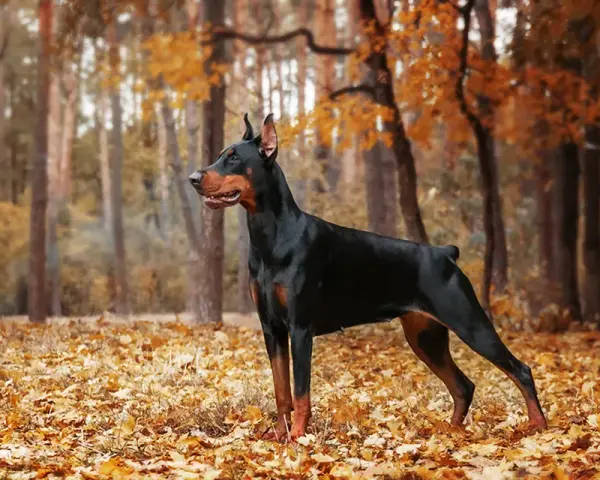 Elegancki doberman pies stoi na tle jesiennego lasu, otoczony złotymi liśćmi.
