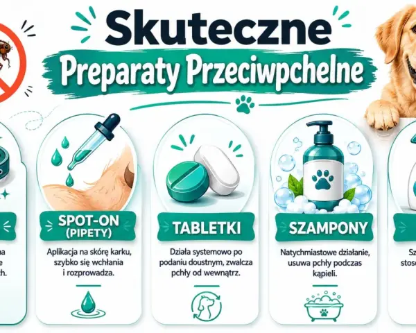 Grafika przedstawia metody zwalczania pcheł u psa: obroże, spot-on, tabletki, szampony i spraye.