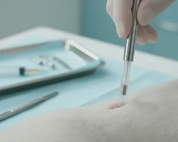 Zabieg kastracji chemicznej psa. Weterynarz w rękawiczce wprowadza implant pod skórę zwierzęcia.