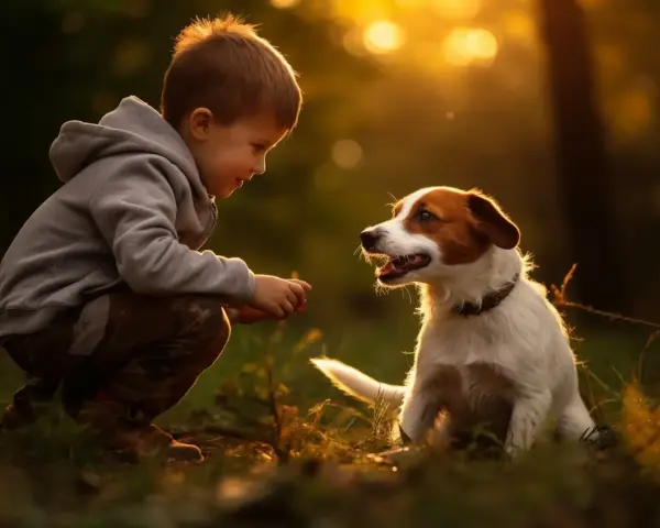 Chłopiec i jack russell terrier w złotym świetle zachodzącego słońca. Ich spojrzenia się krzyżują, tworząc magiczną więź między dziećmi a ich czworonożnymi przyjaciółmi.