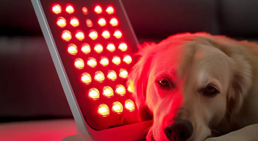 Złoty retriever odpoczywa przy czerwonym świetle. Czy zostawiać psu zapalone światło? To pytanie nurtuje wielu właścicieli.