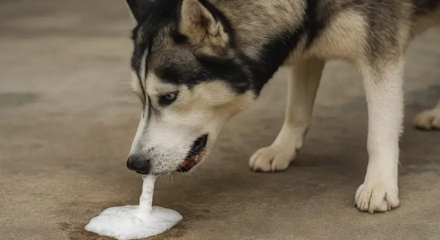 Pies rasy husky je trawę i wymiotuje pianą. Wygląda na to, że coś mu zaszkodziło.