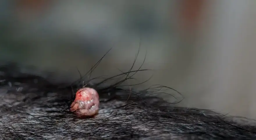 Widoczna brodawka u psa, różowa i lekko zaczerwieniona, otoczona ciemną sierścią.