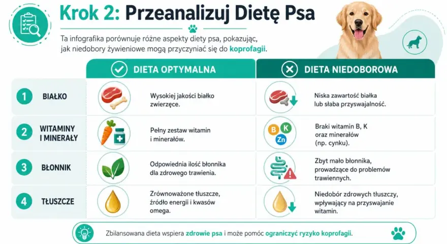 Infografika pokazuje, dlaczego pies je kupy: niedobory białka, witamin, błonnika i tłuszczu w diecie mogą prowadzić do koprofagii.