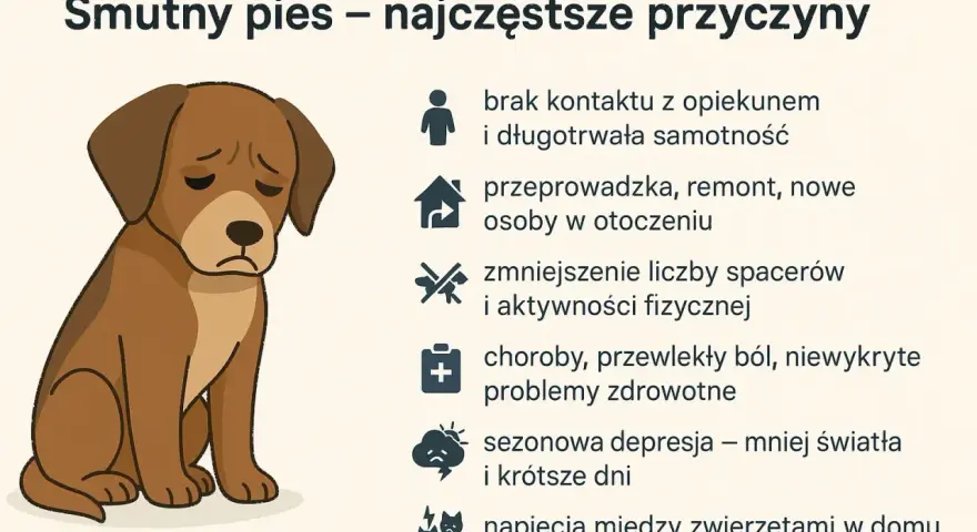 Smutny pies skomli z wielu powodów: samotność, zmiany w domu, brak ruchu, ból, a nawet depresja.