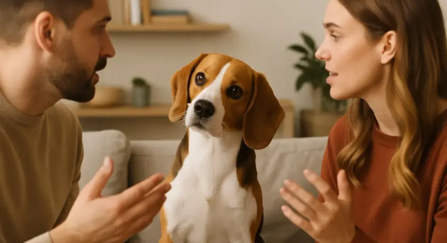 Beagle siedzi między parą, która dyskutuje. Czy pies rozumie ludzką mowę? Jego spojrzenie sugeruje, że tak.