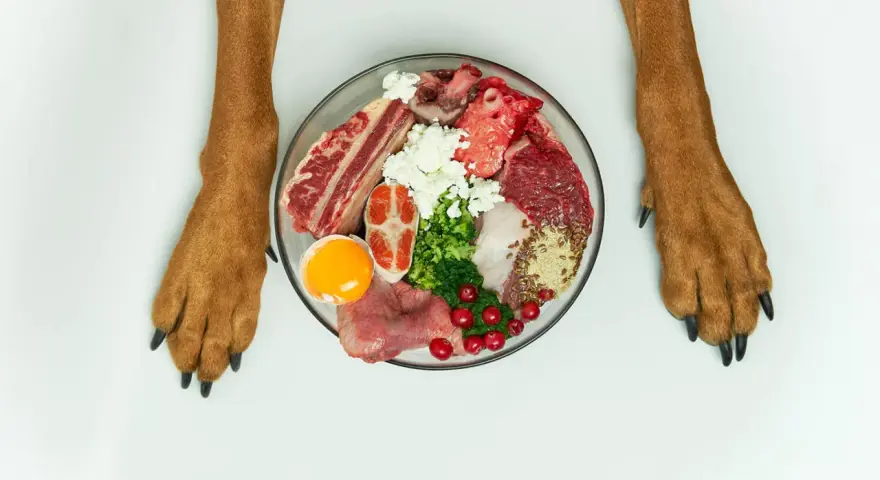 Miseczka z jedzeniem dla psa: surowe mięso, ryba, jajko, ser biały, brokuły i żurawina. Idealna dieta dla psa.