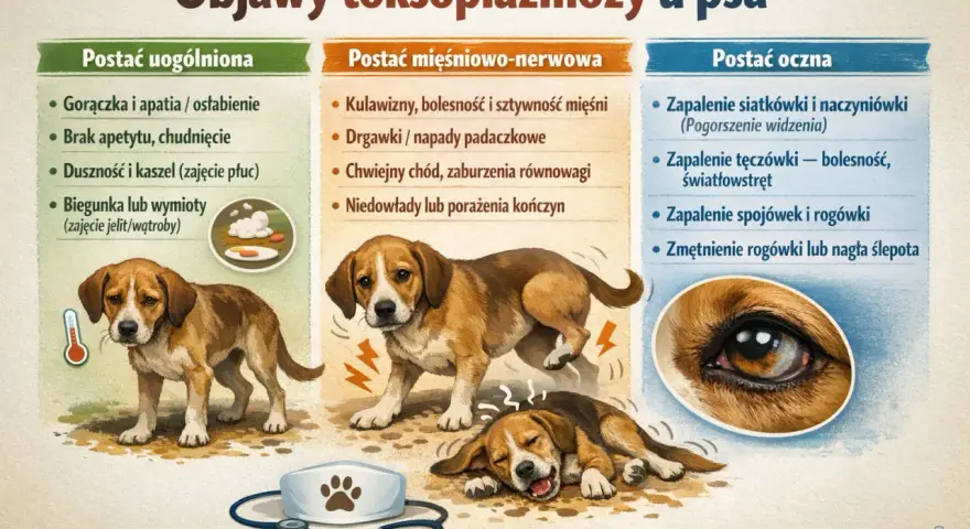 Ilustracja przedstawia objawy toksoplazmozy u psa: gorączkę, brak apetytu, duszności, biegunki, drgawki, problemy z chodzeniem i oczami.