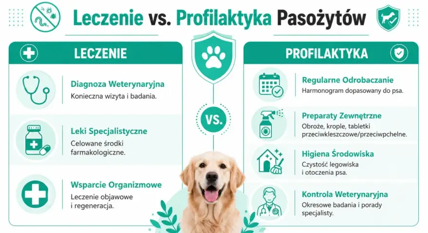 Grafika porównuje leczenie i profilaktykę przeciwpasożytniczą u psów. Pokazuje, że robaki u psa wymagają diagnozy i leków, podczas gdy profilaktyka to regularne odrobaczanie i dbanie o higienę.