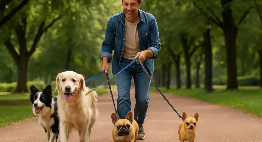 Uśmiechnięty mężczyzna spaceruje po parku z czwórką bardzo dziwnych psów: border collie, golden retrieverem, buldogiem francuskim i chihuahuą.