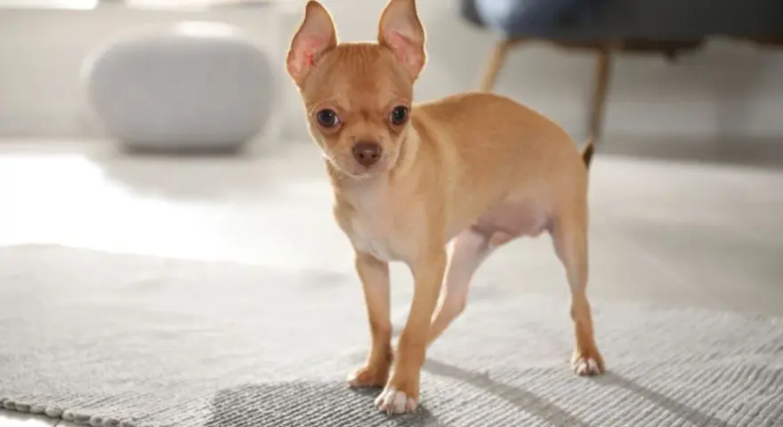 Mały, rudy szczeniak chihuahua stoi na dywaniku. Wygląda, jakby miał zaraz coś zrobić, może nawet szczeniak sika co 10 minut.