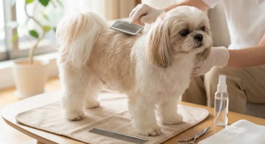 Uroczy shih tzu amerykański czesany przez opiekuna. Na stole leżą grzebień, nożyczki i ręcznik.
