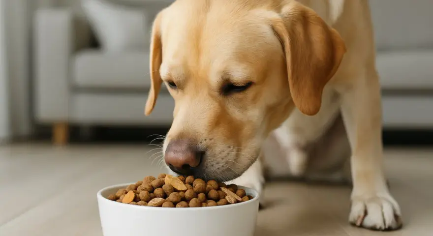 Złoty labrador z apetytem zjada karmę. Dbałość o dietę pomaga zapobiegać labrador choroby.