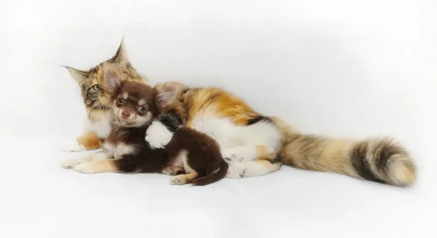 Mały piesek chihuahua przytula się do dużego kota. Ich przyjaźń jest urocza.