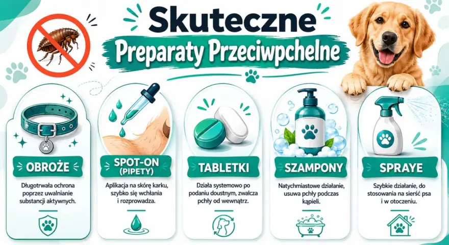 Grafika przedstawia metody zwalczania pcheł u psa: obroże, spot-on, tabletki, szampony i spraye.