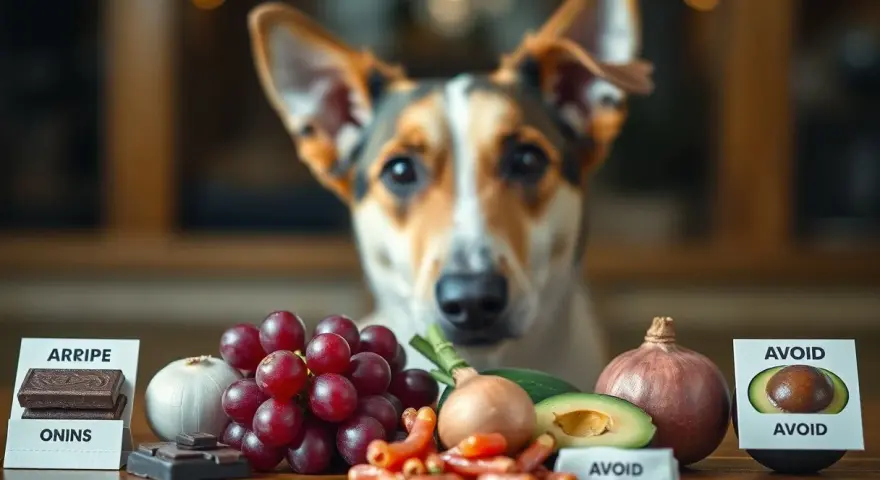 Pies patrzy na stół z winogronami, cebulą, awokado i czekoladą. Dowiedz się, jakie przyprawy dla psa są bezpieczne, a jakie szkodliwe.